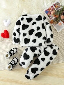 Baby Girls' Lovely Casual Two-sided Fleece Heart Pattern Printed Black And White Outfits For Autumn And Winter - Multicolor - View 2