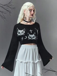 ROMWE Goth 交叉和卡通圖案短款毛衣 - 黑色 - 查看 1