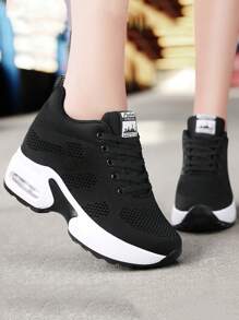 Zapatos Para Correr Informales De Mujer Con Elevación De Talón Invisible Estilo Nuevo, Con Cojín De Aire Y Parte Superior - Negro - Ver 1