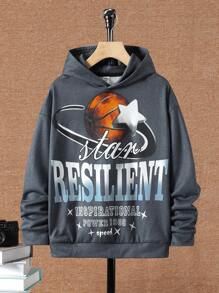 SHEIN Tween Boy Basketball & Slogan Graphic Drop Shoulder Sweatshirt - Black - View 1