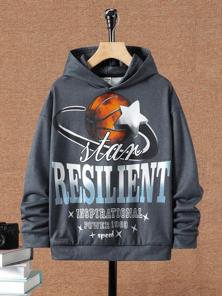 SHEIN Tween Boy Basketball & Slogan Graphic Drop Shoulder Sweatshirt - Black - View 1