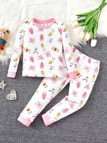 SHEIN Young Girl Cartoon Print Contrast Trim Snug Fit PJ Set - Multicolor - View 6