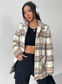 SHEIN EZwear In kẻ sọc Thư được vá Thả vai Áo khoác - Nhiều màu - Xem 4