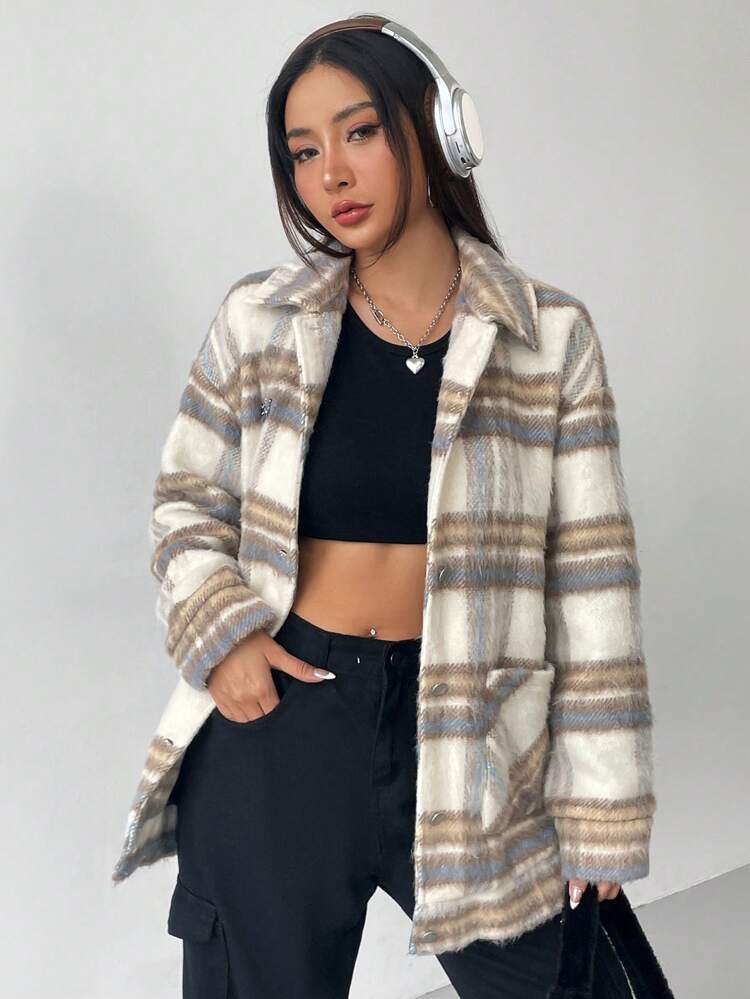 Plaid Print Letter Patched Drop Shoulder Overcoat