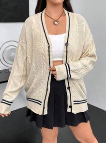 Flirla Plus Striped Trim Drop Shoulder Cable Knit Cardigan - Apricot - View 3