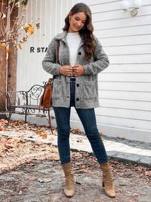 SHEIN LUNE 雙口袋落肩袖絨毛外套 - 灰色 - 查看 5