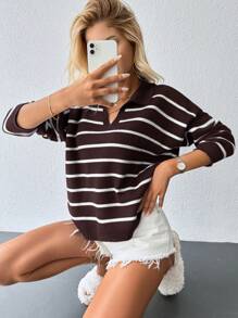 Cloudara Striped Pattern Drop Shoulder Sweater - Brown - View 4