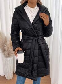 SHEIN Clasi Slant Pocket Hooded Belted Padded Padded Coat Clothes Winter - Black - View 4