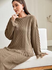 Modelyn Ruffle Hem Sweater & Knit Skirt - Khaki - View 6