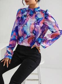 SHEIN Privé Mixade Mönster Volang Halvpolokrage Lyktärm Blusar - Multifärgad - Visa 3