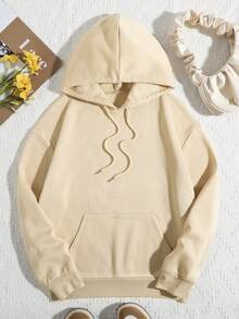 SHEIN EZwear Đồ họa ô tô và chữ cái Dây rút Lót nhiệt Hoodie - Màu Khaki - Xem 2