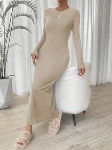 SHEIN LUNE Solid Ribbed Knit Bodycon Dress - Apricot - View 3