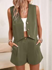 SHEIN LUNE Solid Button Front Vest Jacket & Shorts