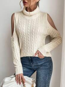 SHEIN Essnce Áo cao cổ Vai lạnh Xoắn Dan Áo len - Màu be - Xem 1