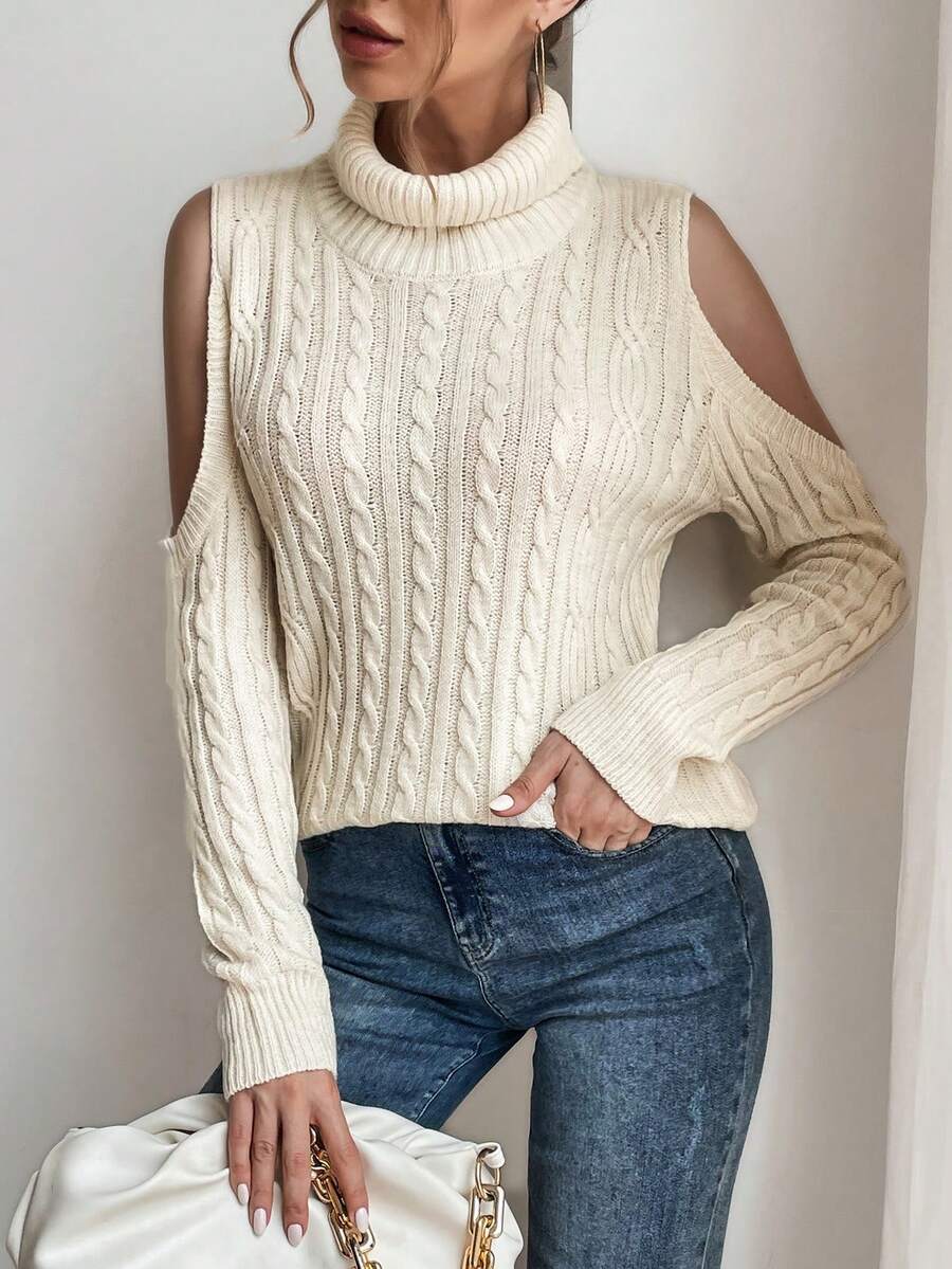 SHEIN Essnce Áo cao cổ Vai lạnh Xoắn Dan Áo len - Màu be - Xem 1