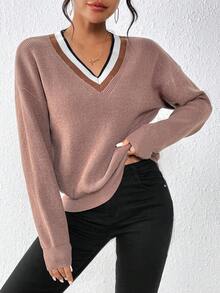 SHEIN Unity Striped Trim Drop Shoulder Sweater - Khaki - View 3