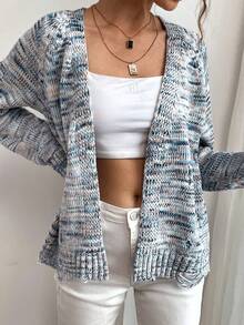 SHEIN Frenchy Space Dye Raglan Sleeve Open Front Distressed Cardigan - Blue - View 5