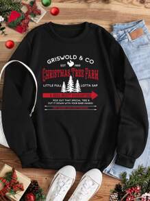 INAWLY Christmas Tree & Slogan Graphic Thermal Lined Pullover Fall Sweatshirt - Black - View 1
