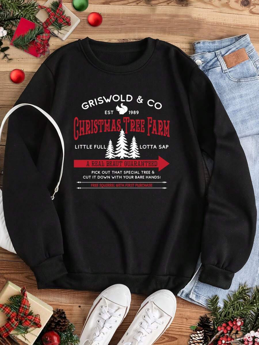 INAWLY Christmas Tree & Slogan Graphic Thermal Lined Pullover Fall Sweatshirt - Black - View 1