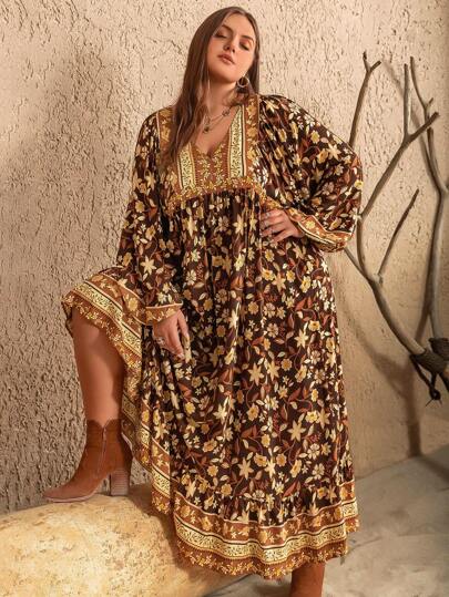 Rusttydustty Vestido holgado con cuello en V y estampado floral marrón para mujer de talla grande, atuendo bohemio para Pascua, playa, festivales de música hawaianos y vacaciones tropicales