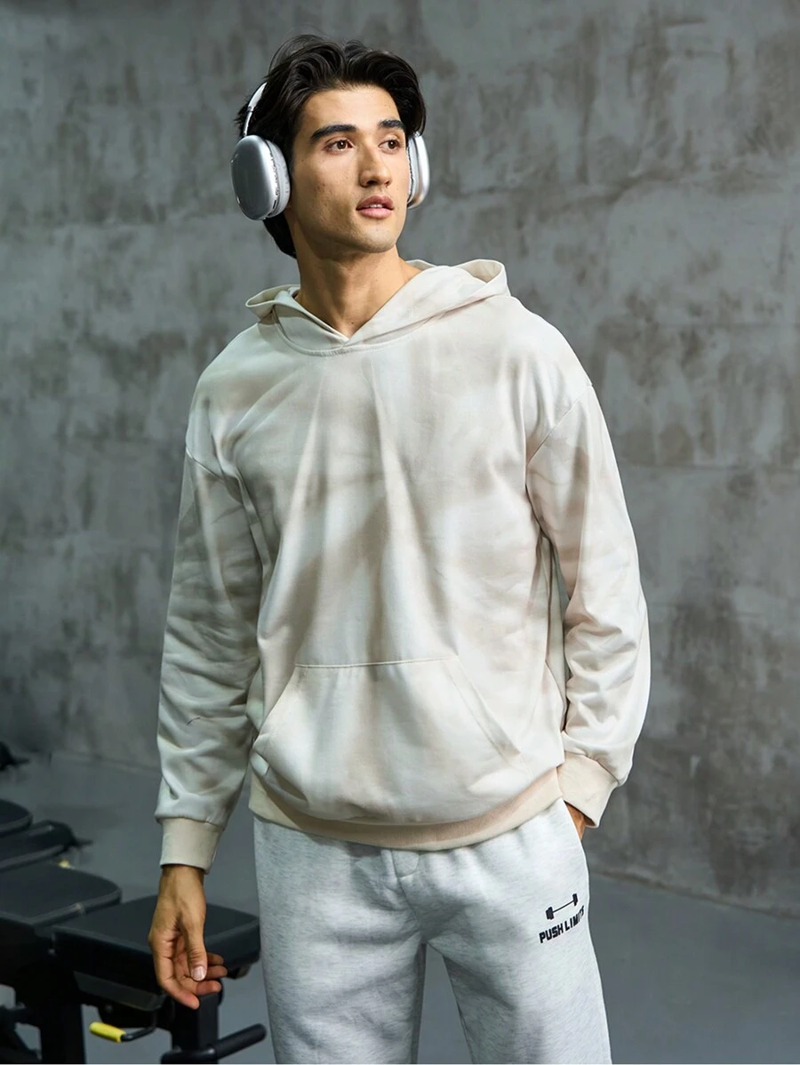 Gym Rark Áo nỉ thể thao nam kiểu dáng nhuộm tie-dye, túi kangaroo, vai rớt. - Màu be - Xem 1