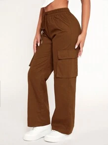 SHEIN PETITE Eo dây rút Túi nắp bên cạnh Quần Cargo - Cà phê nâu - Xem 4