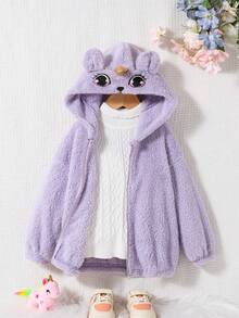 Young Girl 3D Ear Design Zip Up Hooded Teddy Jacket - Mauve Purple - View 6