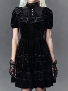 ROMWE Women'S Gothic Stand Collar Ruffle Trim New Year'S Eve Party Dress