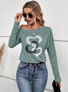 SHEIN LUNE Camiseta con estampado de corazón de cuello asimétrico - Verde Oscuro - Ver 7