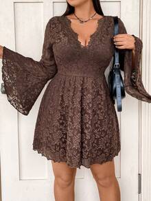 Flirla Plus Plunging Neck Bell Sleeve Lace Dress - Khaki - View 4