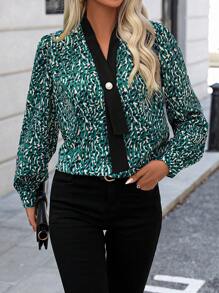 SHEIN LUNE Allover Print Contrast Trim Lantern Sleeve Blouse - Dark Green - View 3