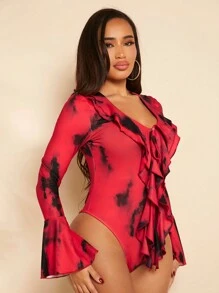 SHEIN SXY Tie Dye Ruffle Trim Flare Sleeve Bodysuit - Multicolor - View 3