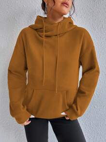 SHEIN Unity Kangaroo Pocket Drop Shoulder Drawstring Hoodie - Brown - View 5
