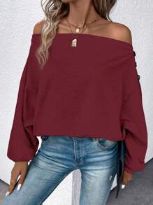 SHEIN LUNE Off Shoulder Button Detail Sweatshirt - Burgundy - View 1