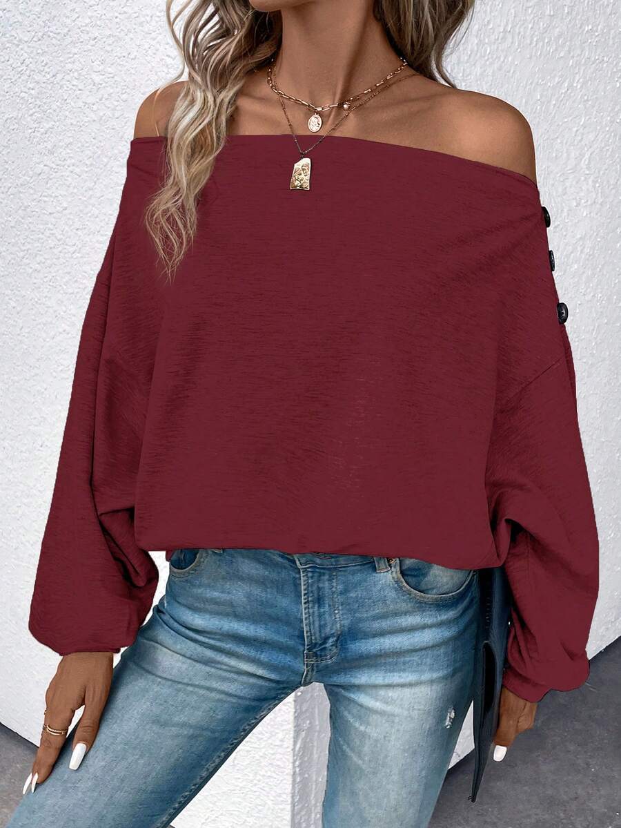 SHEIN LUNE Off Shoulder Button Detail Sweatshirt - Burgundy - View 1