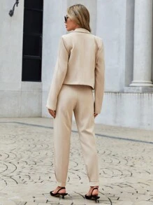 EURMUSE Solid Double Button Blazer & Fold Pleated Pants - Beige - View 2