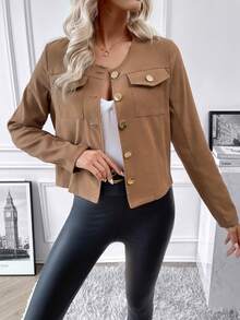 SHEIN Essnce Túi có nắp Nút phía trước Áo khoác - Màu Khaki - Xem 3