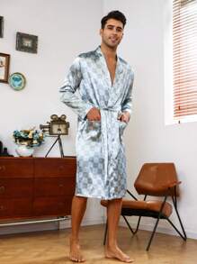 Men Checkerboard Print Dual Pockets Belted Robe - Grey - View 5