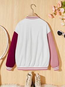 SHEIN 青少女字母貼花條紋邊滴肩運動夾克 - 米色 - 查看 2