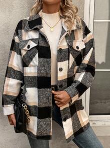 SHEIN Essnce Plaid Print Drop Shoulder Flap Pocket Overcoat - Multicolor - View 3