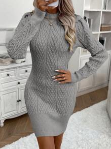 SHEIN LUNE 麻花編織小高領毛衣洋裝 - 灰色 - 查看 4