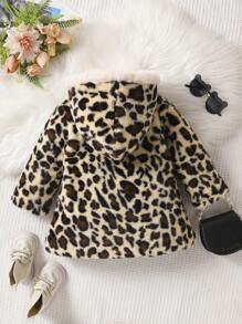 Baby Girl Leopard Print Hooded Fleece Padded Coat - Camel - View 2