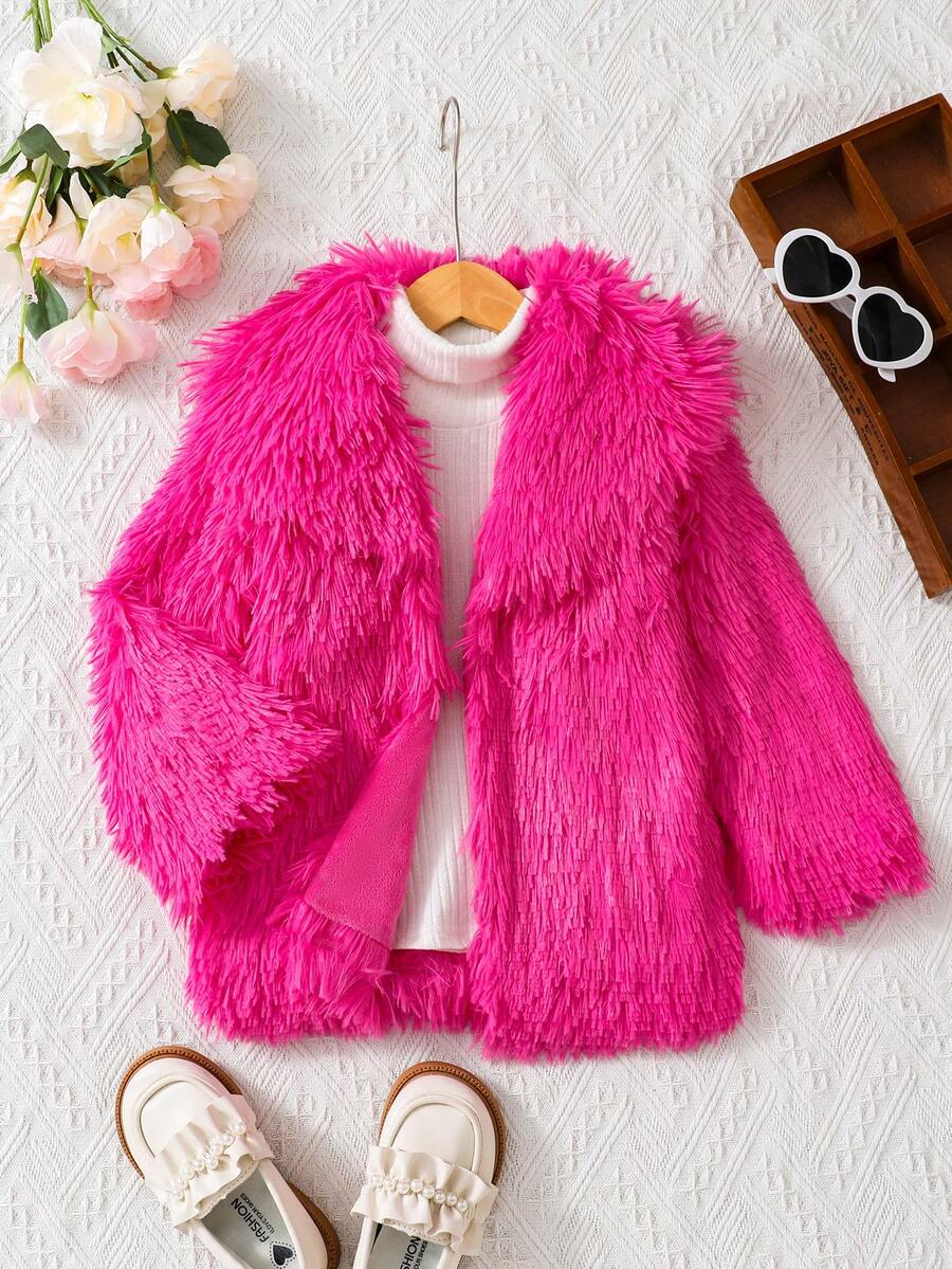 SHEIN 女小童1入組開門襟毛茸茸外套 - 玫紅色 - 查看 1