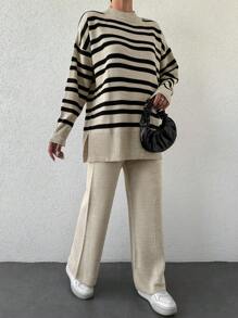 EURMUSE 2 piezas Conjunto de suéter de cuello alto a rayas de hombros caídos y pantalones de unicolor para mujeres - Caqui - Ver 5