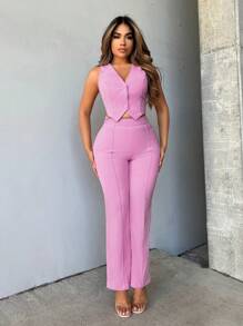 SHEIN SXY Chất rắn Nút phía trước Áo gi lê & Quần ống loe - Hồng - Xem 3