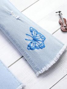 Cô Gái Trẻ Bướm & hoa in Rách Cắt Thô Quần ống loe - Rửa nhẹ - Xem 3