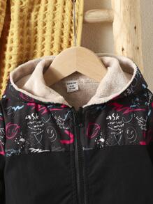 Baby Boy Cartoon Graphic Zip Up Hooded Coat - Black - View 3