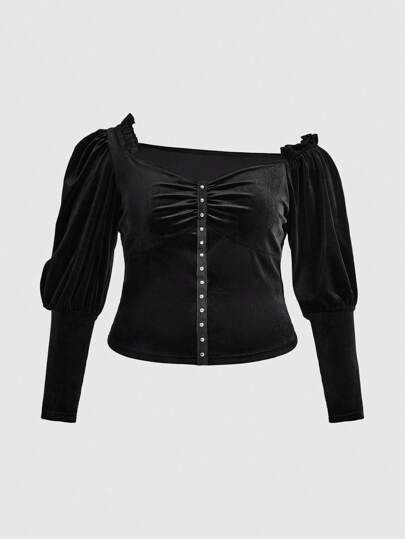 Goth Plus Size Asymmetrical Neckline Lantern Sleeve T-shirt