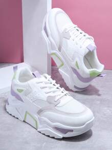 拼接網紗繫帶老爹鞋 - 白色 - 查看 2