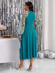 SHEIN Lady 印花網紗拼接插肩袖洋裝 - 綠色 - 查看 2